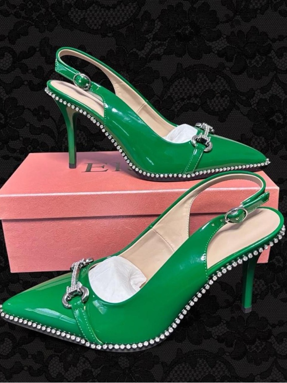 💚 NIB Emerald Green Patent Slingback Heels Rhinestone Buckle - Size 7